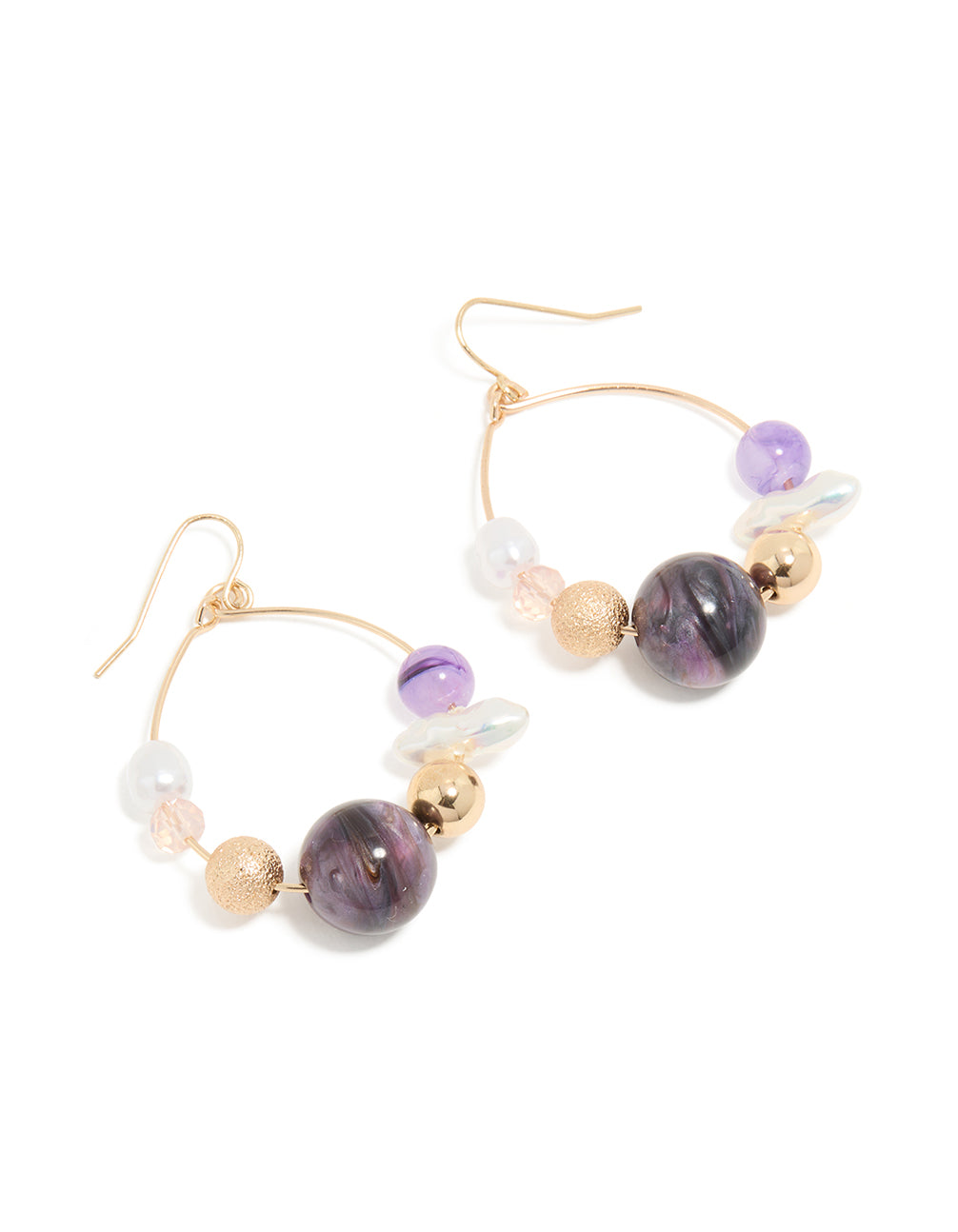 Gold Pearl Marbled Purple Beaded Drop Earrings