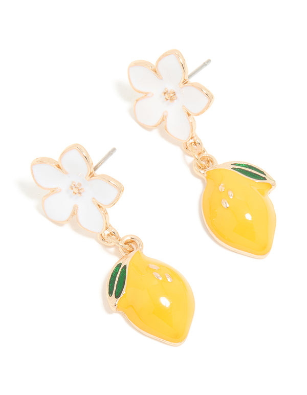 Gold White Flower & Lemon Drop Earrings