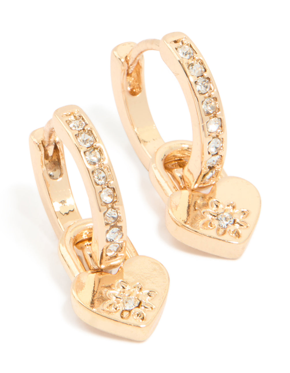 Gold Diamante Heart Drop Huggie Earrings