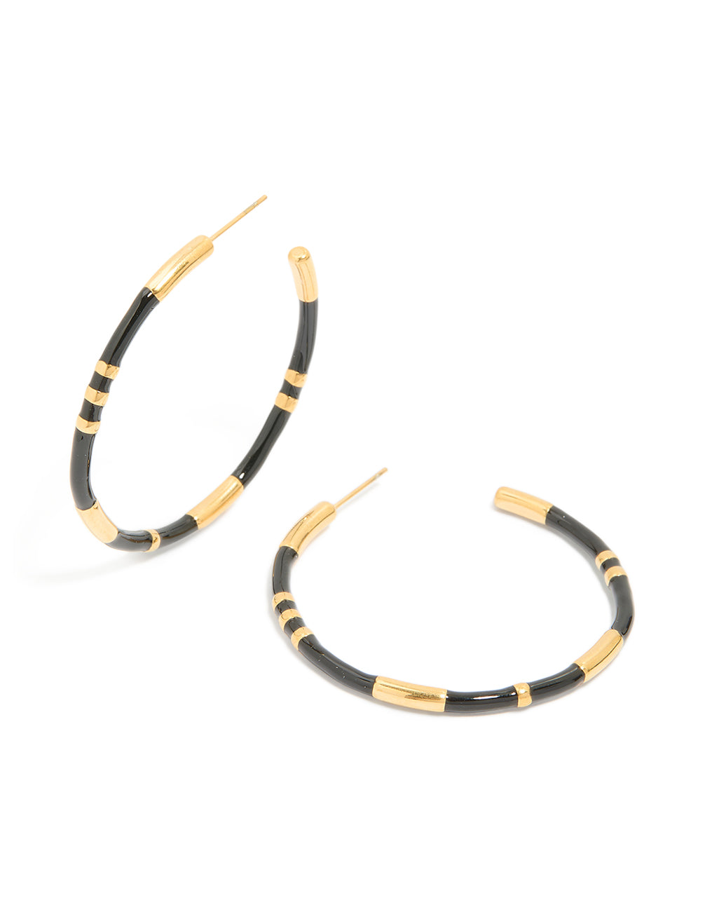 Showcasing waterproof gold plated stainless steel black enamel striped hoop earrings front view