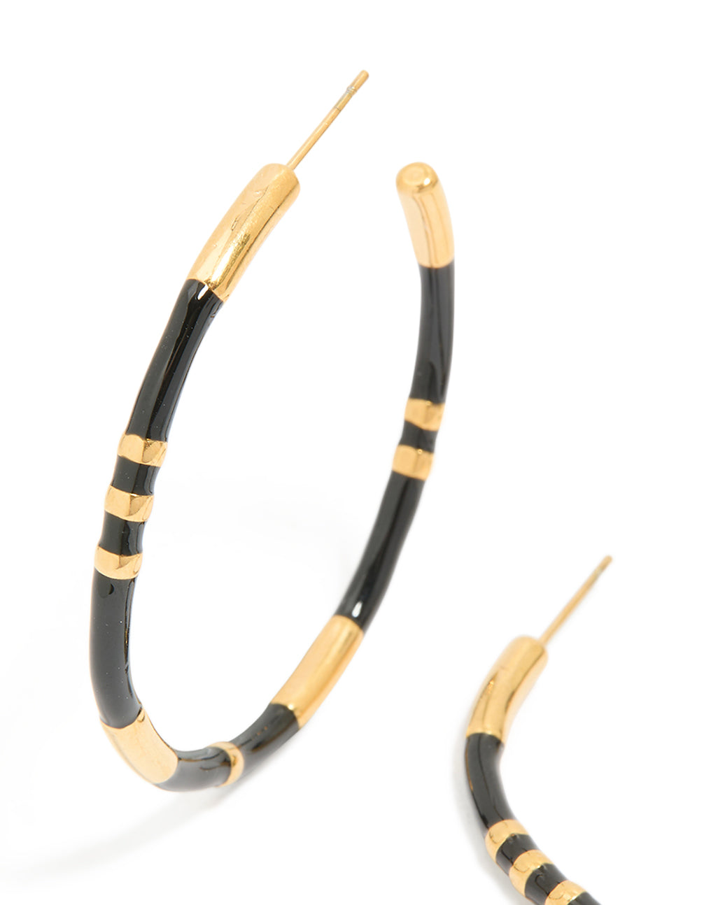 Presenting waterproof gold plated stainless steel black enamel striped hoop earrings with post detail view