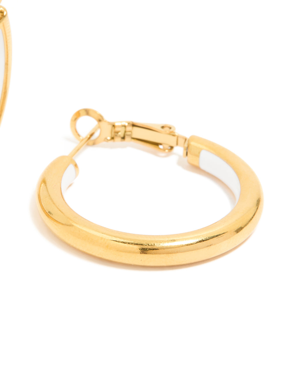 Highlighting waterproof gold plated stainless steel half white enamel hoop earrings clasp mechanism close up view