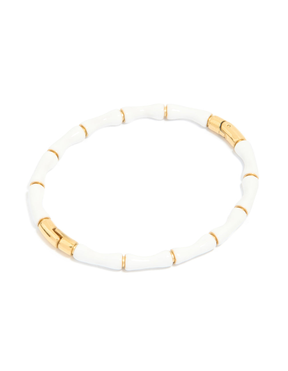 Introducing a waterproof bamboo bangle crafted from gold plated stainless steel with white enamel front view