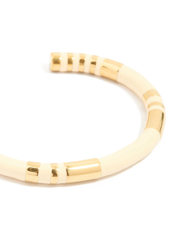 Waterproof Gold Plated Stainless Steel Neutral Toned Enamel Striped Wrist Cuff