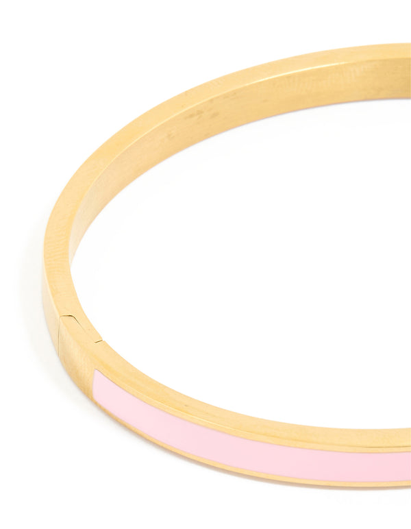 Waterproof Gold Plated Stainless Steel Pink Enamel Thick Hinged Bangle