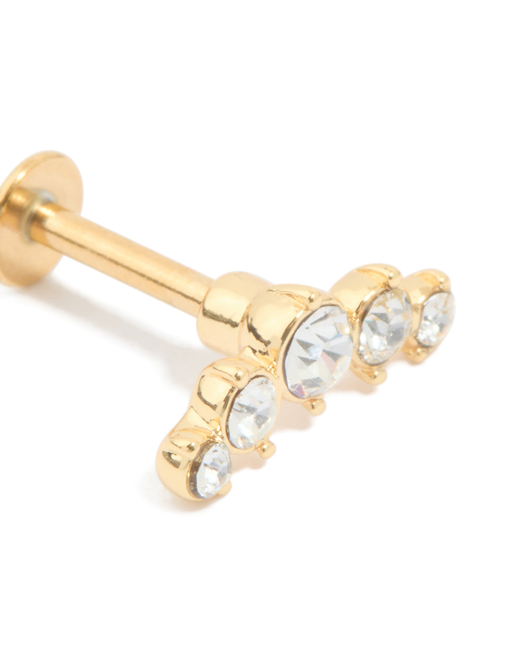 Featuring a statement crawler stud earring with titanium construction, cubic zirconia stones, and flat back closure in gold close up view