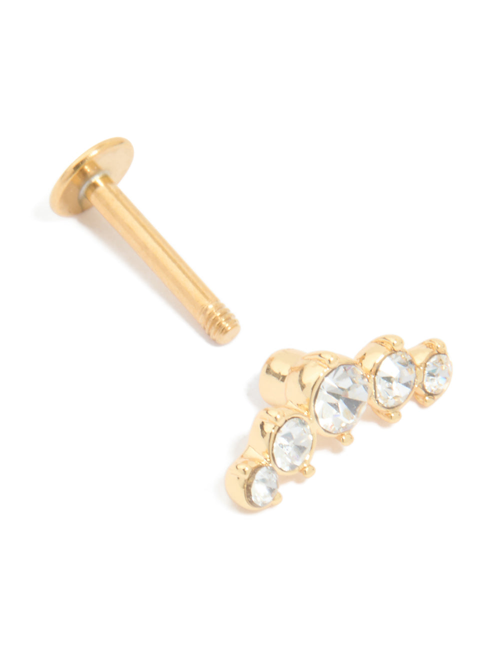 Highlighting a statement crawler stud earring crafted from titanium with cubic zirconia stones and flat back closure in gold post detail view