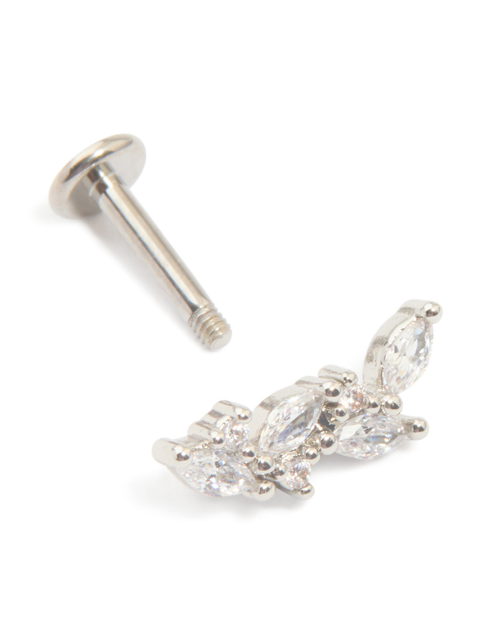 Crafted from titanium, this crawler style vine stud earring motifs with cubic zirconia stones in silver and clear tones with flat back closure front view
