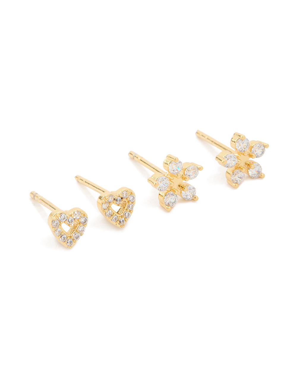 Kids Gold Plated Surgical Steel Cubic Zirconia Flower & Heart Stud Earrings 2-Pack