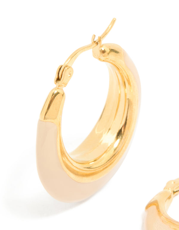 Expertly crafted waterproof gold plated stainless steel short enamel hoop earrings with beige detailing close up view