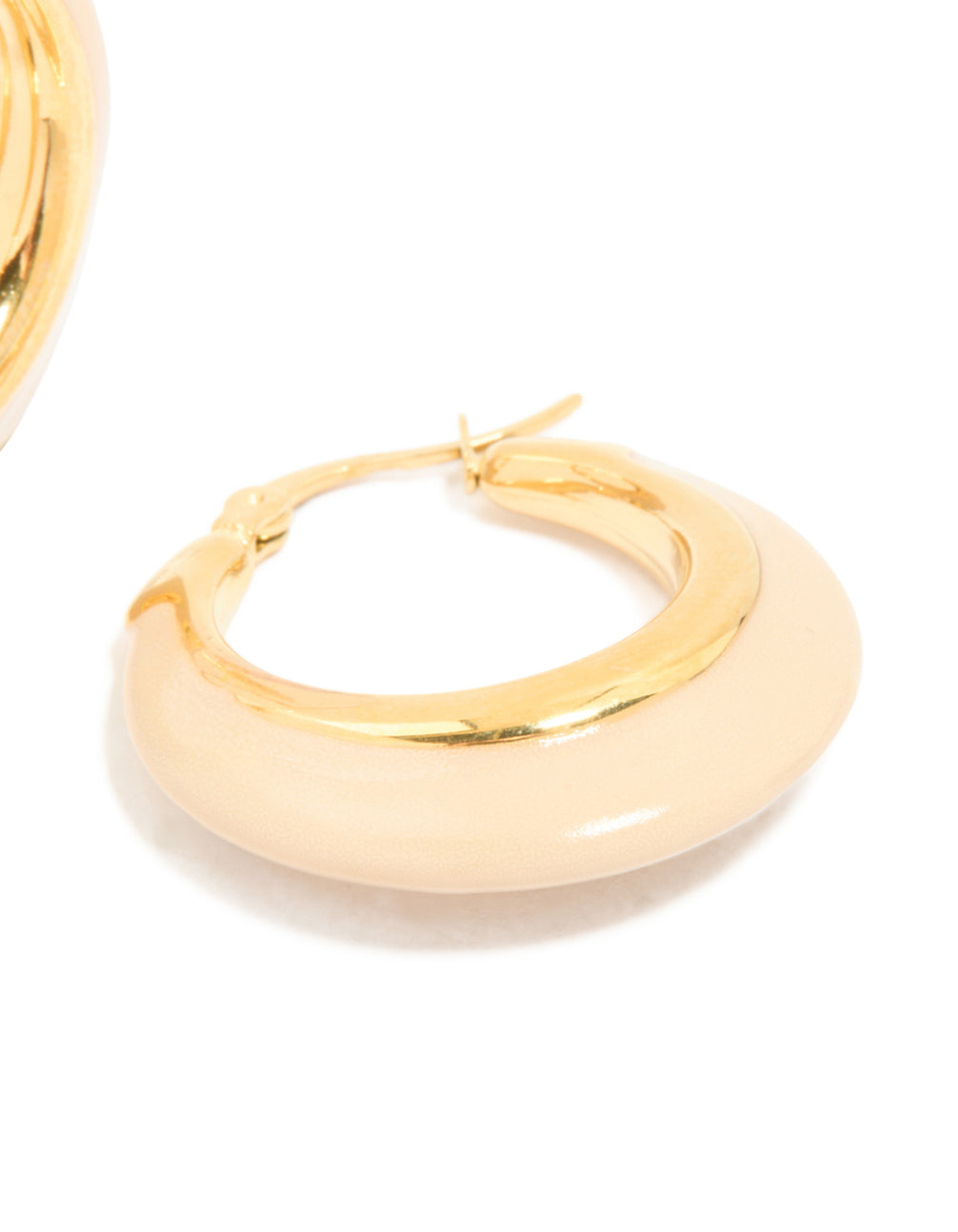Waterproof gold plated stainless steel short enamel hoop earrings in beige with clasp mechanism in post detail view