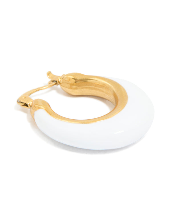 Revealing waterproof gold plated stainless steel long hoop earrings with white enamel and closure mechanism post detail view