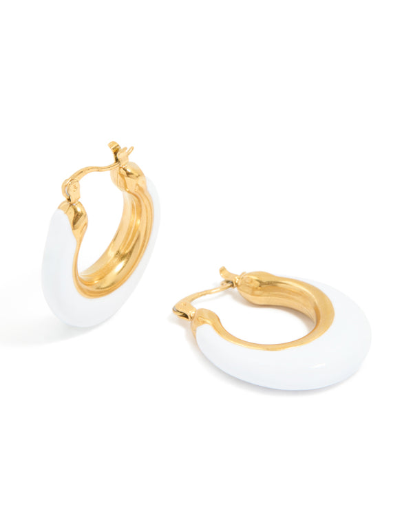Showcasing waterproof hoop earrings crafted from gold plated stainless steel with white enamel in a long style front view