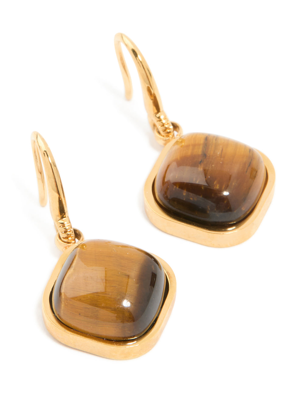Showcasing statement waterproof gold plated stainless steel tiger's eye semi precious stone earrings front view