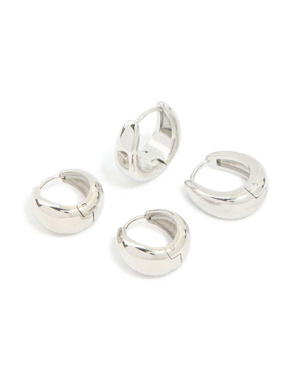 Showcasing waterproof stainless steel chunky earrings in a 2 pack in silver with huggie closure front view