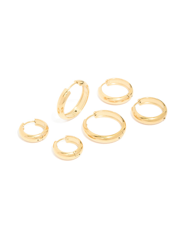Featuring waterproof gold plated stainless steel chubby hoop earrings in a 3-pack with chunky style front view