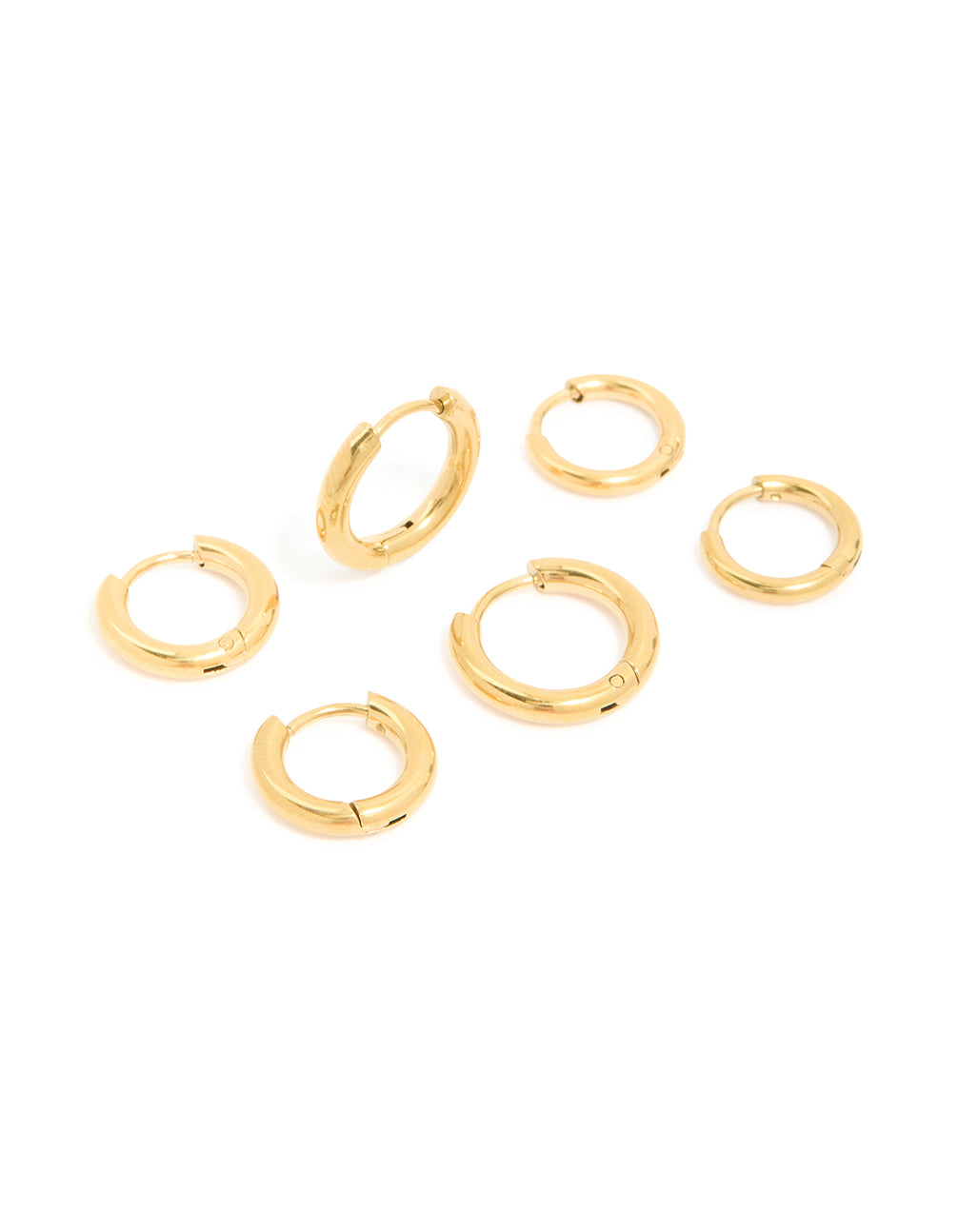 Showcasing small huggie earrings in a 3-pack, crafted from waterproof gold plated stainless steel front view