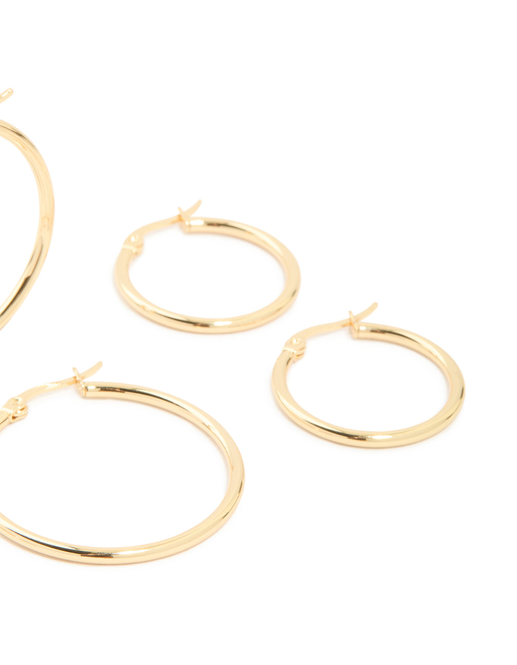 Featuring waterproof gold plated stainless steel large thin mix hoop earrings 3-pack post detail view