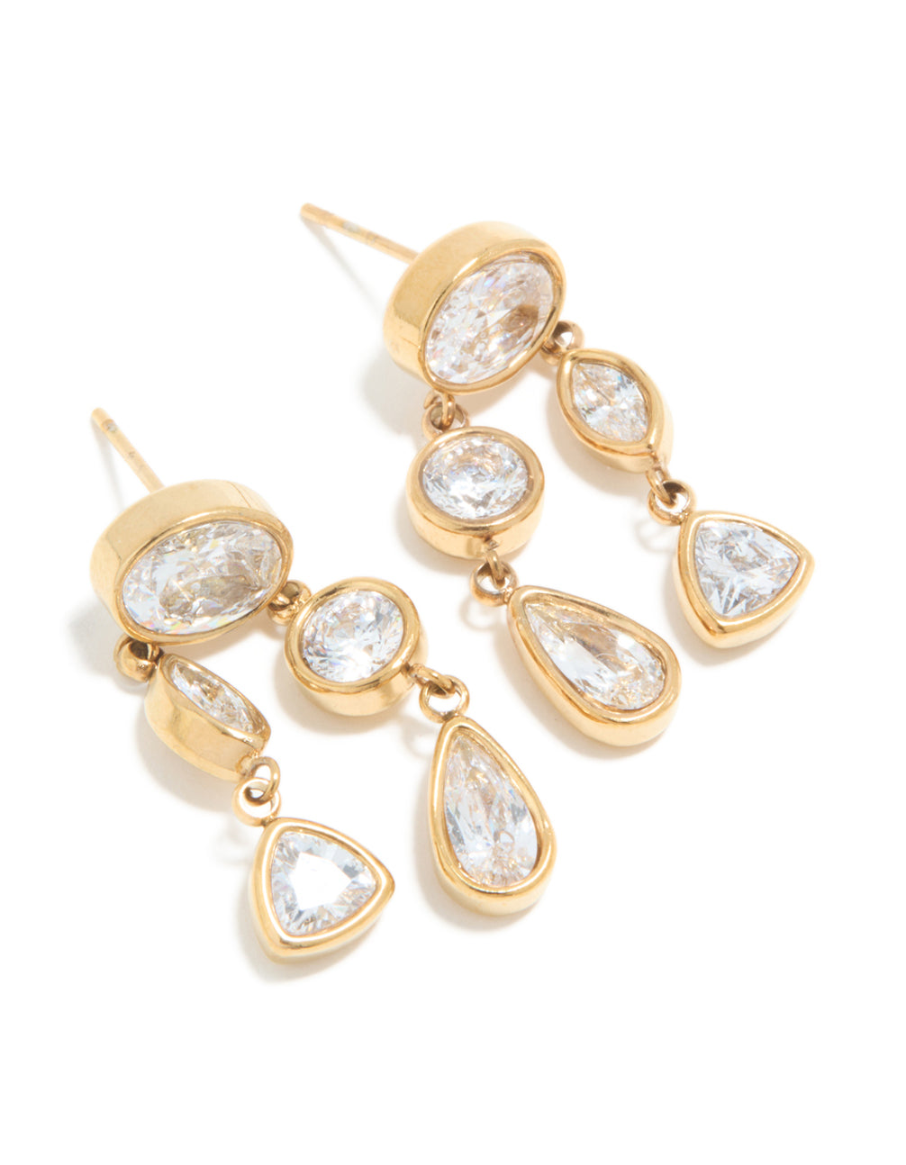 Showcasing waterproof stainless steel organic drop earrings with cubic zirconia in gold plated finish front view