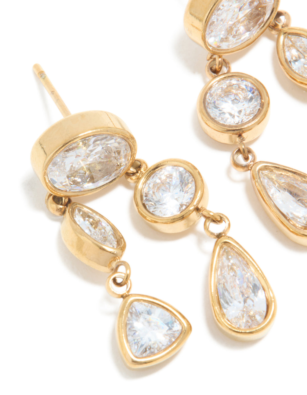 Crafted from waterproof gold plated stainless steel with cubic zirconia organic drop earrings close up view