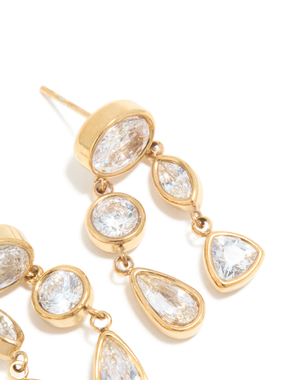 Designed with waterproof gold plated stainless steel and cubic zirconia organic drop earrings post detail view