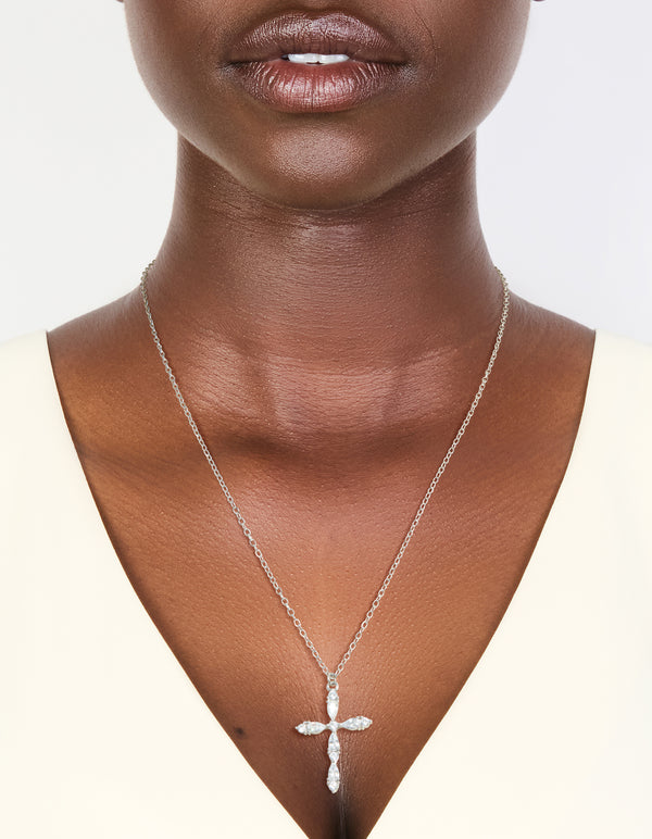 Discover a waterproof stainless steel multi cubic zirconia large cross necklace featuring statement style in silver and clear on neck view