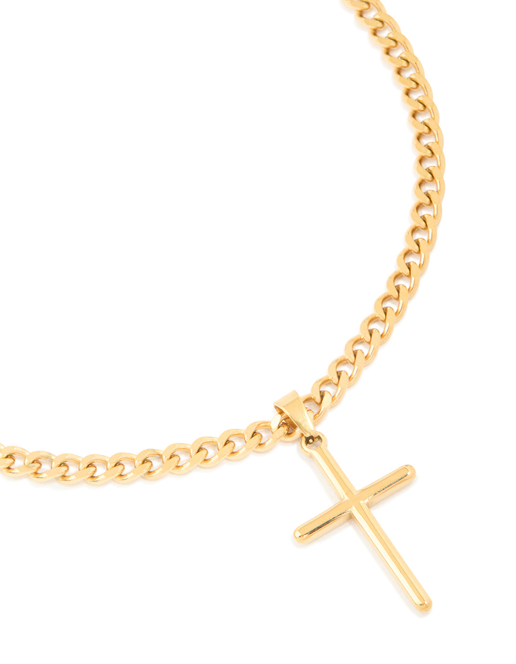 Showcasing a cross pendant necklace crafted from waterproof stainless steel with gold plated finish close up view