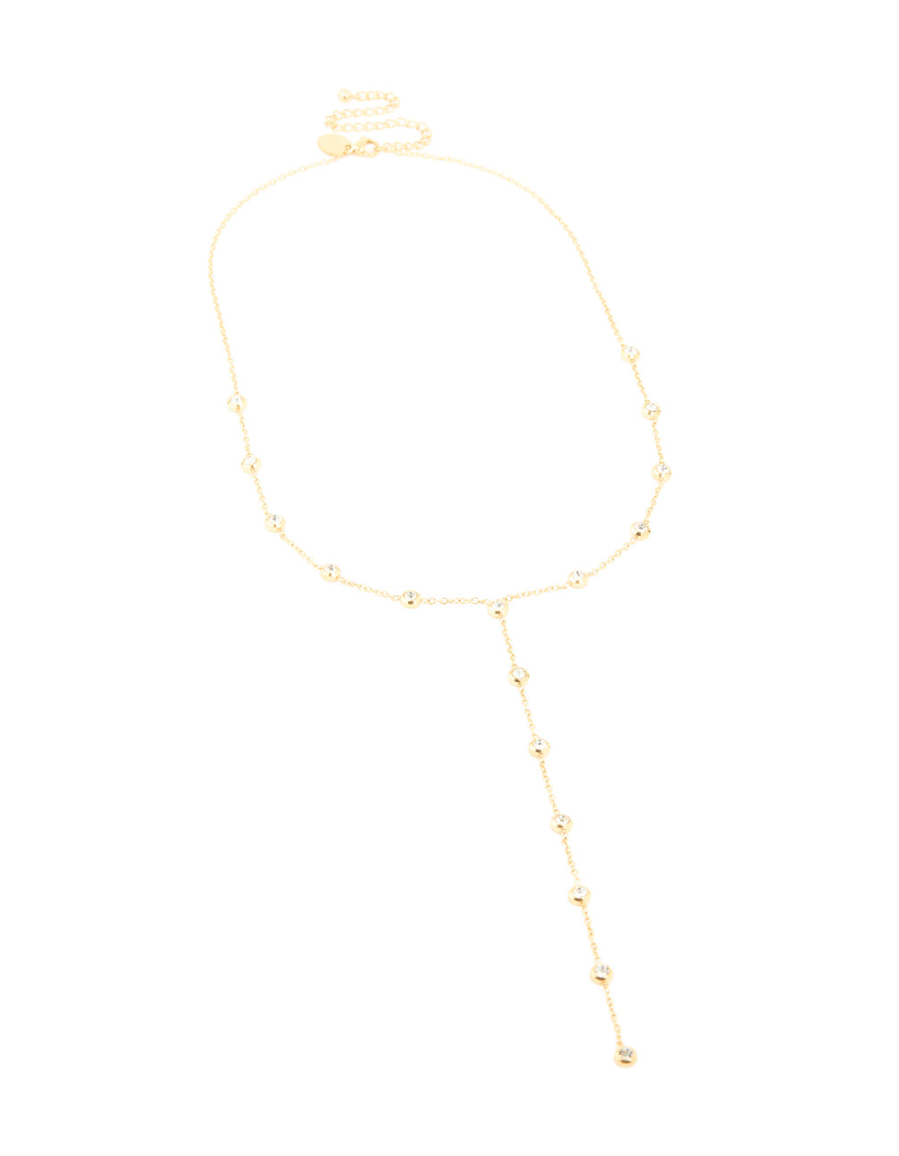 Explore this waterproof gold plated stainless steel Y-necklace with cubic zirconia bezel crystal details front view