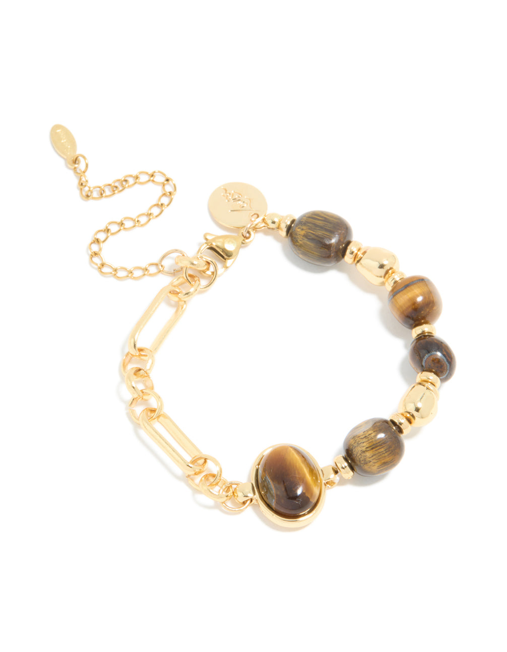 Showcasing a waterproof gold plated stainless steel bracelet with beads and tigers eye semi precious stone in brown front view