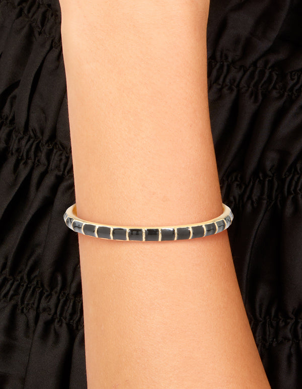 Waterproof Gold Plated Stainless Steel Black Enamel Bamboo Wrist Cuff