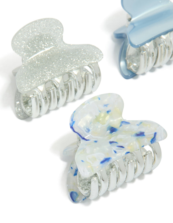 Stylish white and blue claw clips in a 4-pack in silver detail view