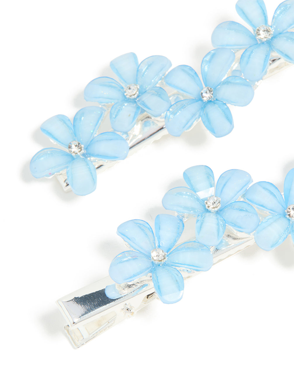 Silver Blue Diamante Mini Flower Clips 2-Pack