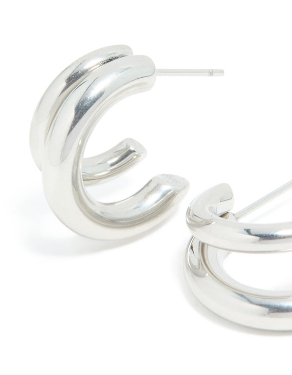 Presenting waterproof stainless steel double illusion open hoop earrings in chunky silver close up view