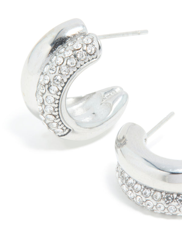 Designed with waterproof stainless steel cubic zirconia pave illusion hoop earrings in silver close up view