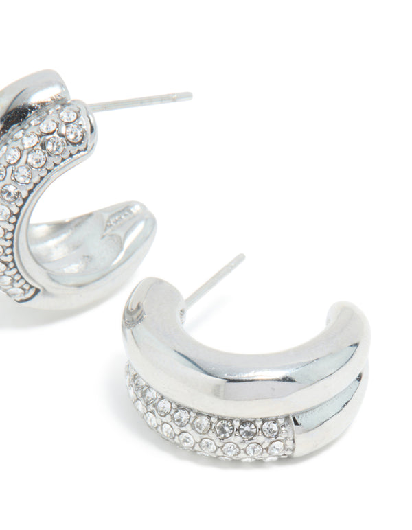 Waterproof stainless steel cubic zirconia pave illusion hoop earrings in silver post detail view