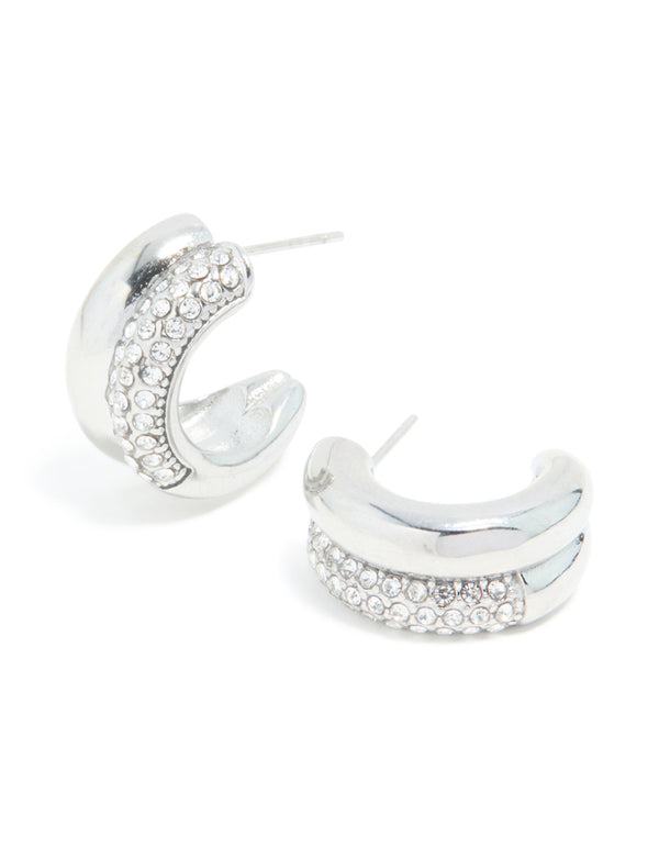 Showcasing waterproof stainless steel cubic zirconia pave illusion hoop earrings in silver front view