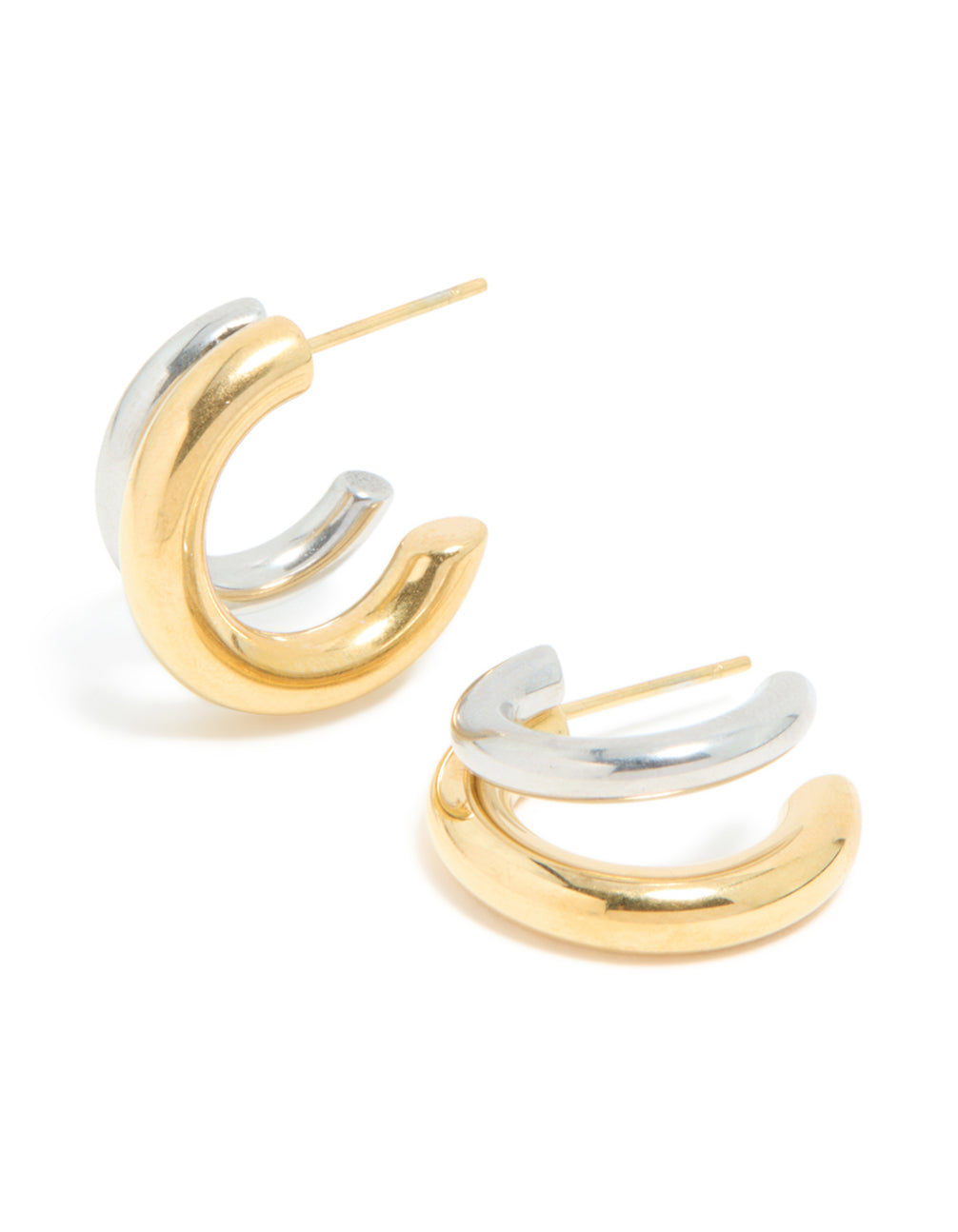 Showcasing waterproof mixed metal plated stainless steel double illusion hoop earrings in statement style front view