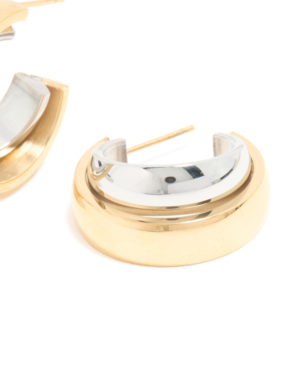 Showcasing waterproof mixed metals plated stainless steel small illusion hoop earrings in gold and silver post detail view