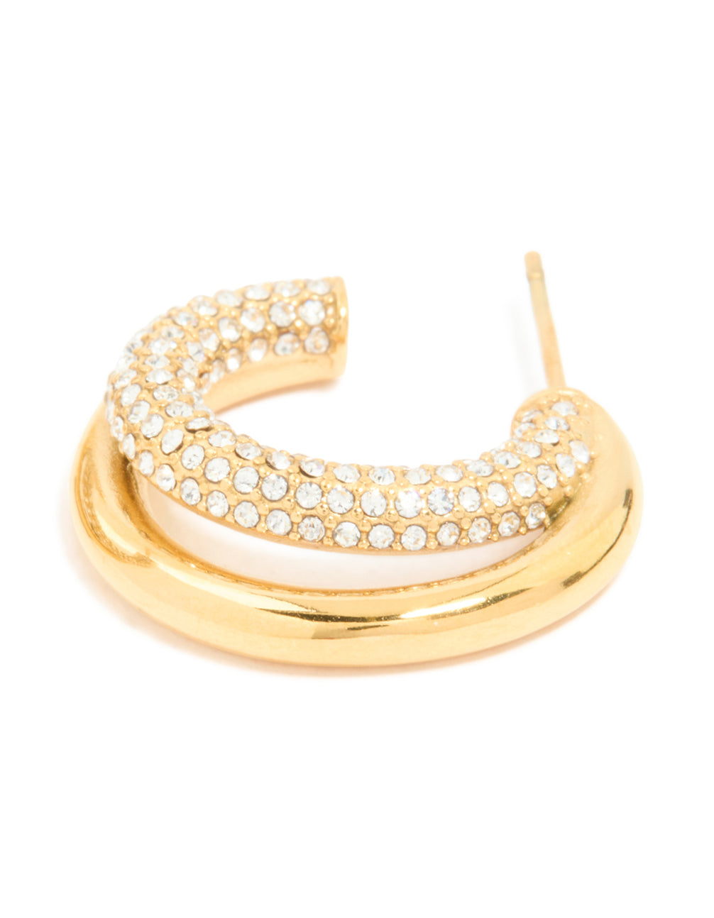 Presenting waterproof statement hoop earrings crafted from gold plated stainless steel with cubic zirconia pave double large illusion post detail view