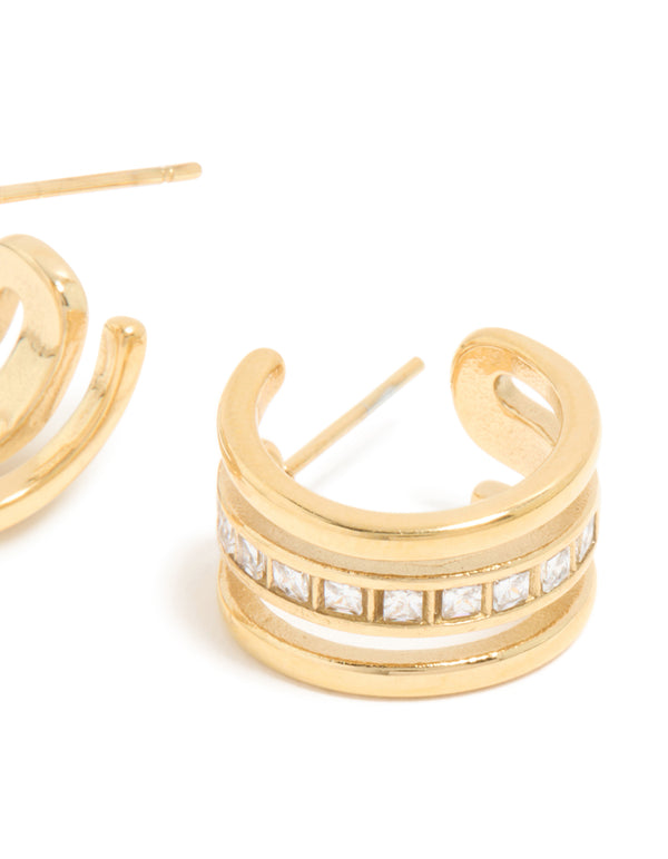 Highlighting waterproof gold plated stainless steel cubic zirconia illusion hoop earrings with channel-set baguette stones post detail view