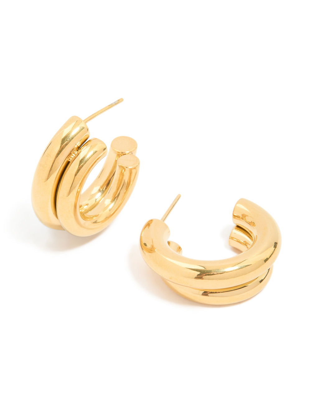 Featuring waterproof double illusion hoop earrings crafted from gold plated stainless steel in a statement style front view