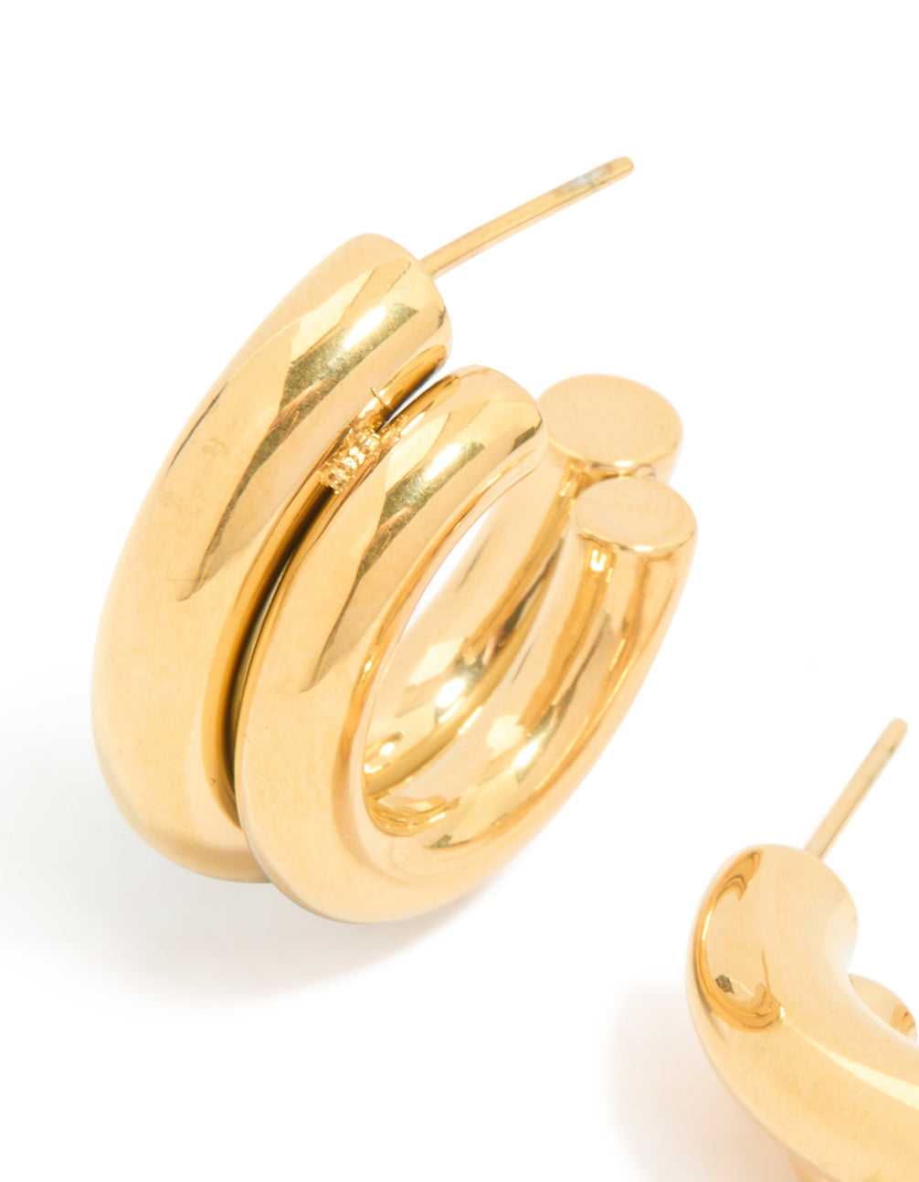 Highlighting waterproof double illusion hoop earrings in gold plated stainless steel with statement design close up view