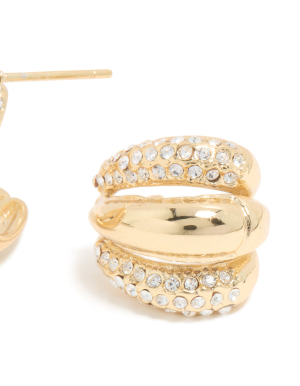 Waterproof Gold Plated Stainless Steel Diamante Trio Illusion Hoop Earrings