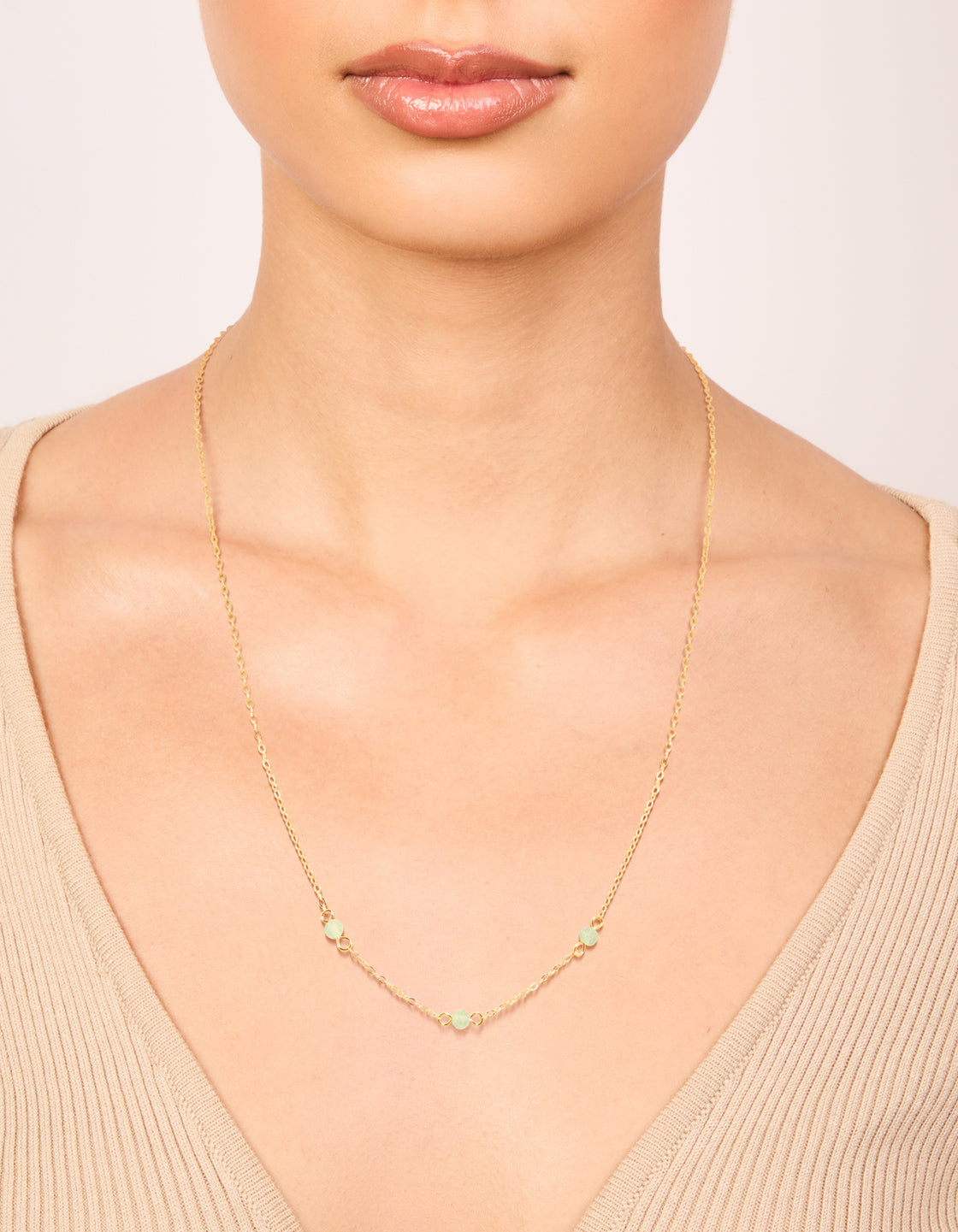 Gold Plated Sterling Silver Green Semi Precious Stone Station Necklace
