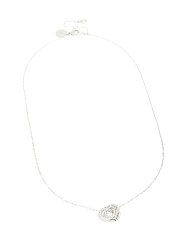 A waterproof stainless steel cubic zirconia triple circle link necklace with heart detail in silver front view