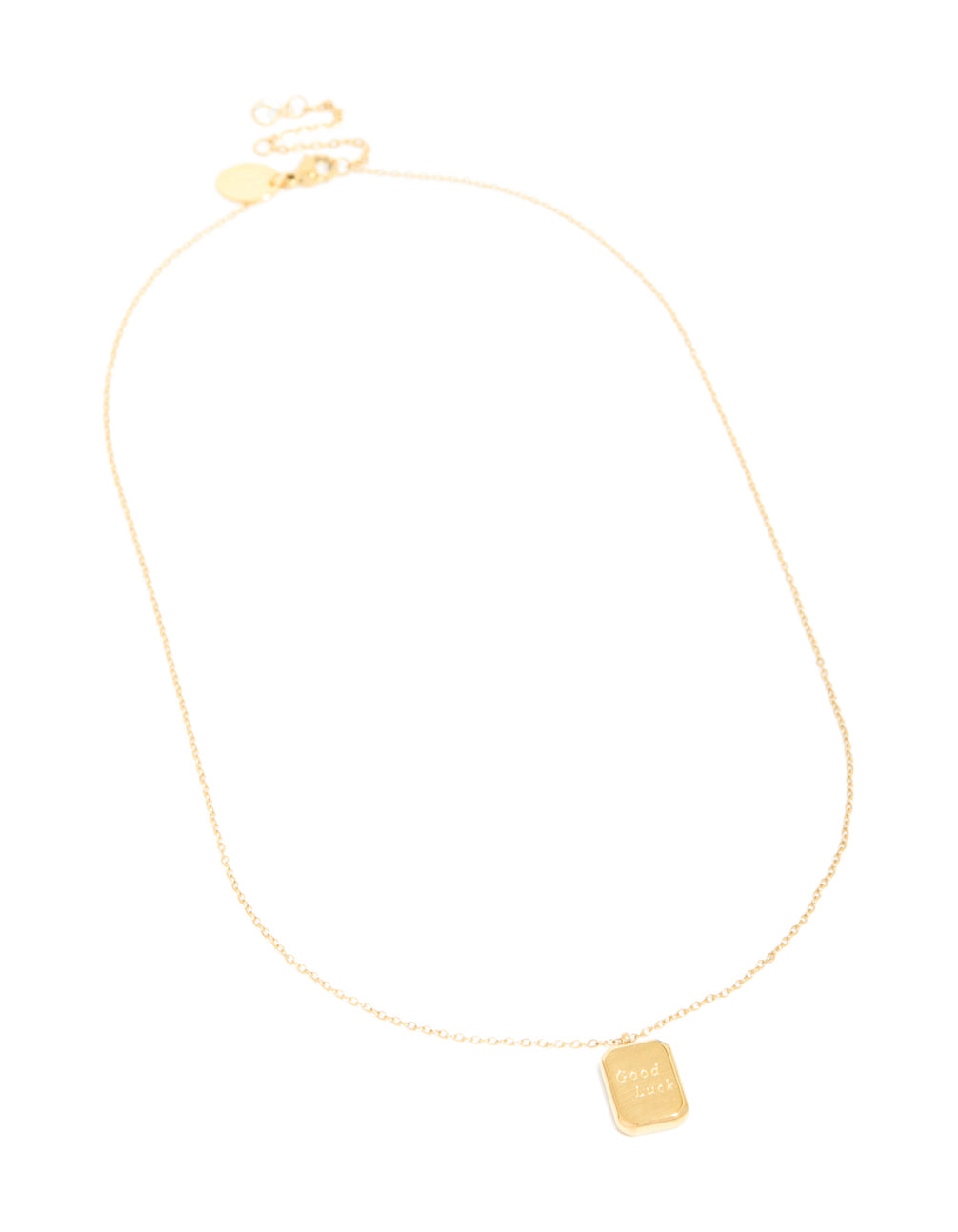 Featuring a waterproof good luck pendant necklace in gold plated stainless steel with script detailing designed as dainty jewelry front view