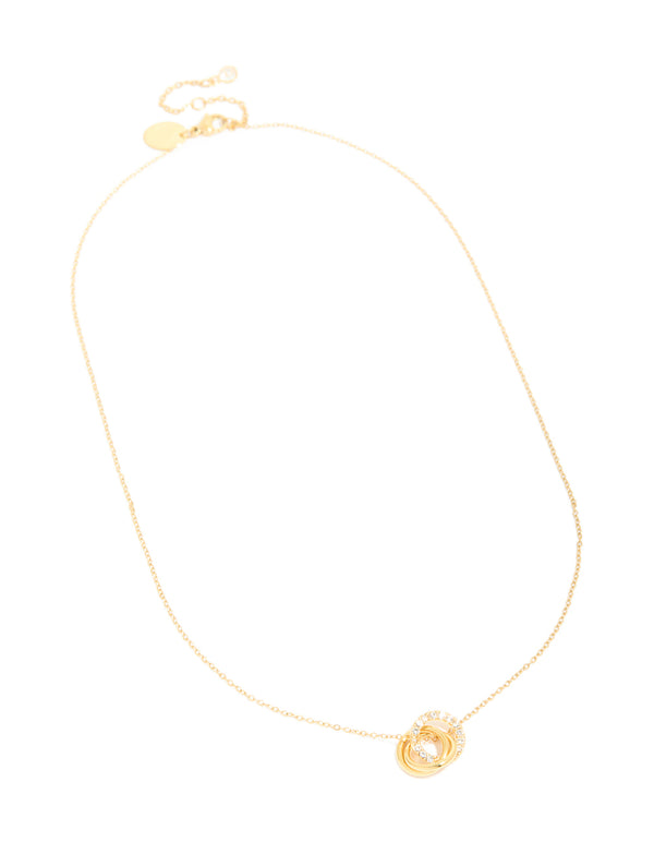 Presenting a waterproof triple circle link necklace crafted from stainless steel with cubic zirconia in gold plated finish front view