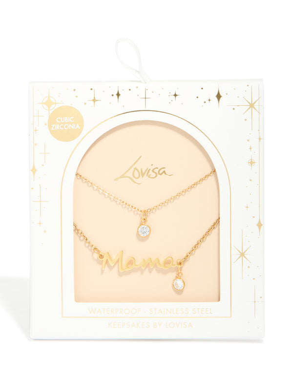 Featuring a waterproof layered necklace with script styling, stainless steel construction, gold plated finish, cubic zirconia stones, solitaire cut, and crystal details close up view