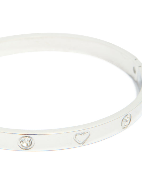 Designed with waterproof stainless steel cubic zirconia heart bangle in silver close up view