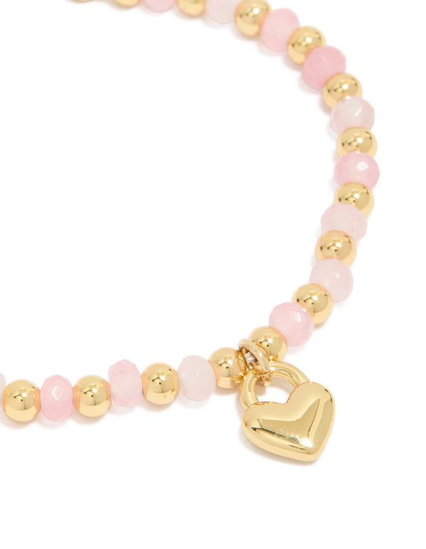 Waterproof Gold Plated Stainless Steel & Pink Beaded Heart Charm Bracelet